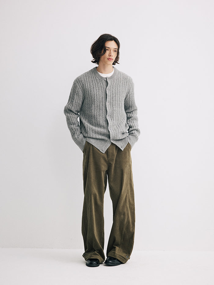 Coke Life Carpem 100% Wool Cable Knit Cardigan - Winter Lazy Style Round Neck Sweater