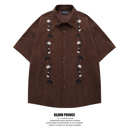 American Retro Floral Embroidery Corduroy Short Sleeve Shirt for Men Summer Trendy Brand Niche Loose Shirt