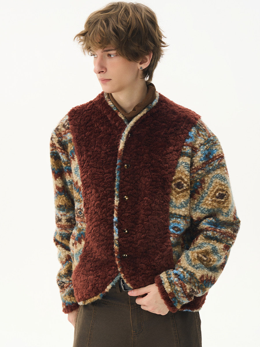 Printed Wool Patchwork Coat - Eco-Friendly Wooden Button Warm Jacket