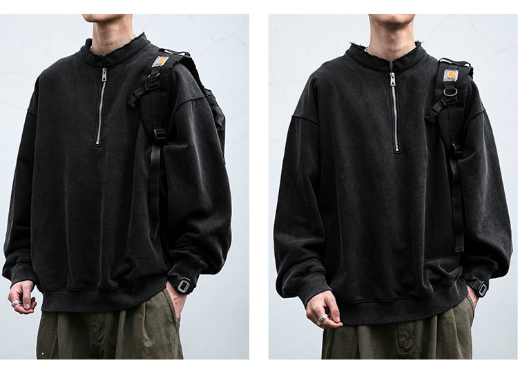 Unisex 465g Washed Vintage Sweatshirt - Boxy Half-Zip Snowflake Knit Pullover