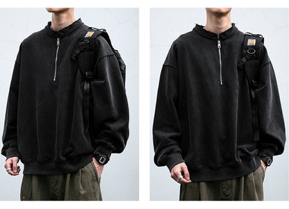 Unisex 465g Washed Vintage Sweatshirt - Boxy Half-Zip Snowflake Knit Pullover