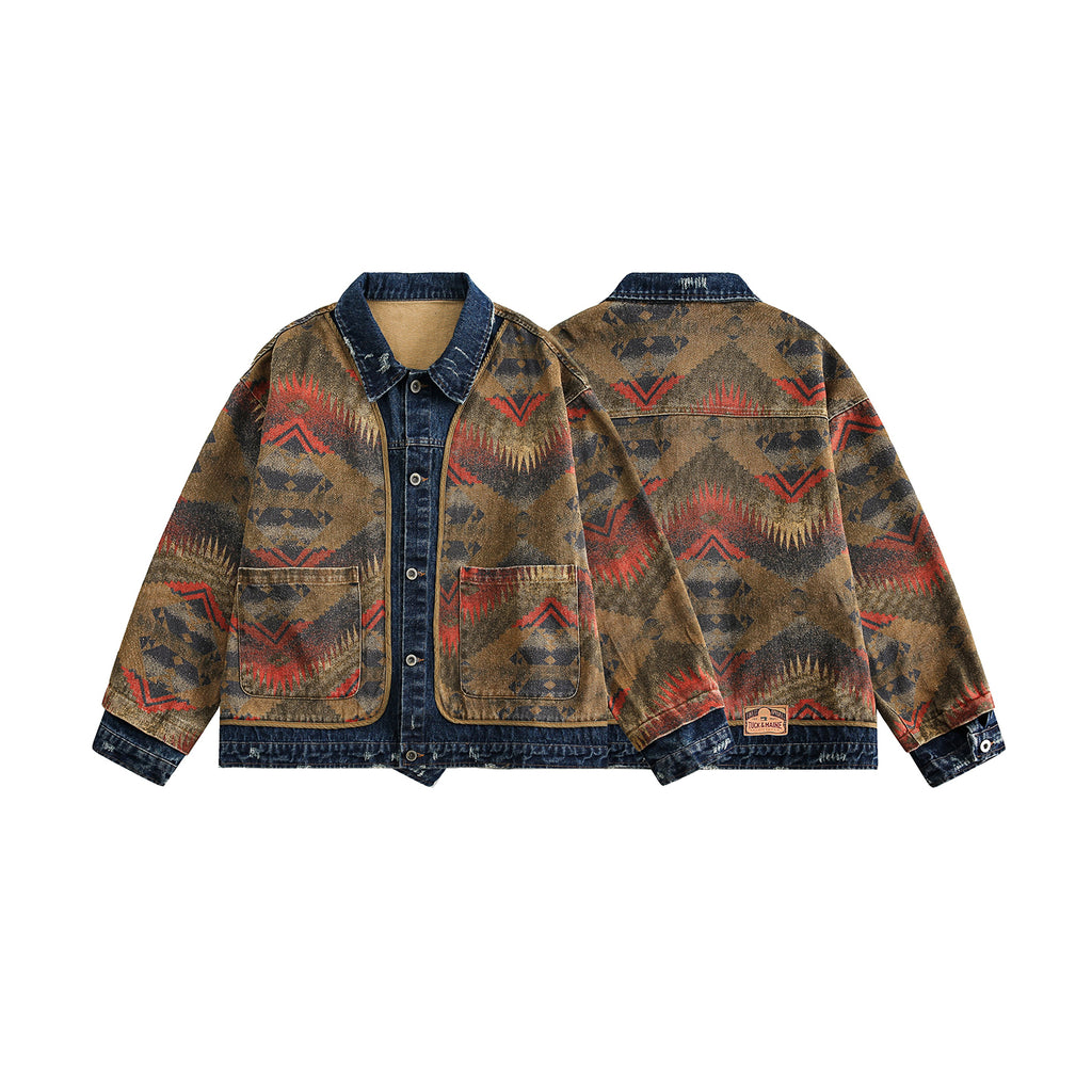 Shanwu Patchwork Blue Lapel Jacket – Retro American Streetwear, Unisex