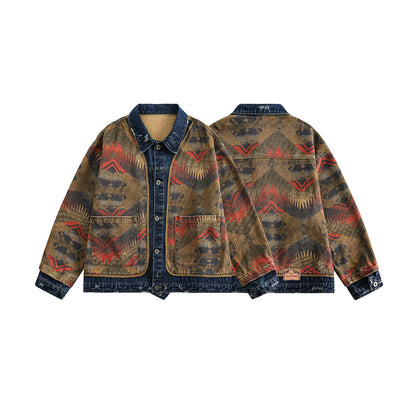 Shanwu Patchwork Blue Lapel Jacket – Retro American Streetwear, Unisex