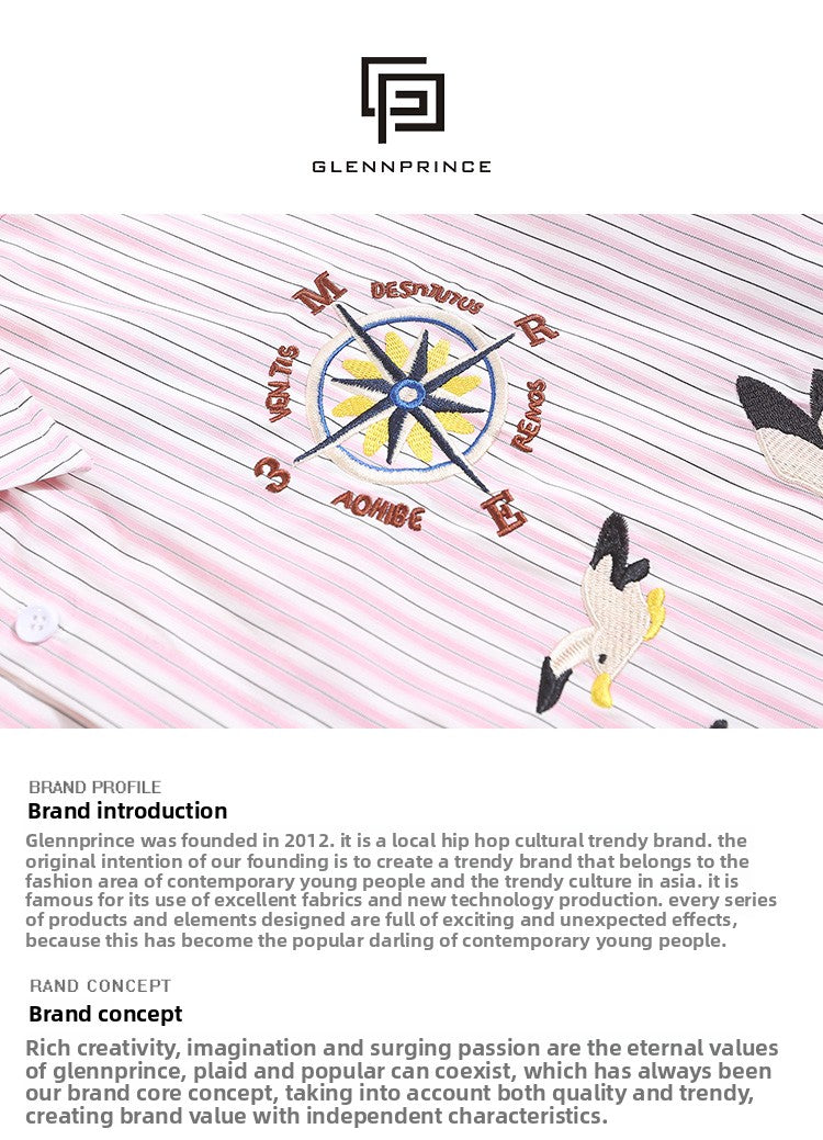 Japanese Style Trendy Cartoon Embroidery Vertical Striped Short Sleeve Shirt for Men Summer Loose Couple Half Sleeve Shirt