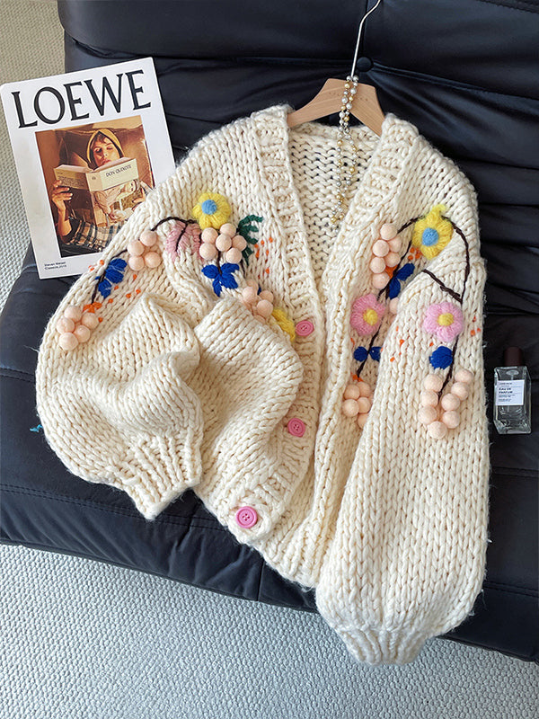Women's 2025 Autumn French Retro Crochet Cardigan - Handmade 3D Flower Heavy Knit Sweater Coat