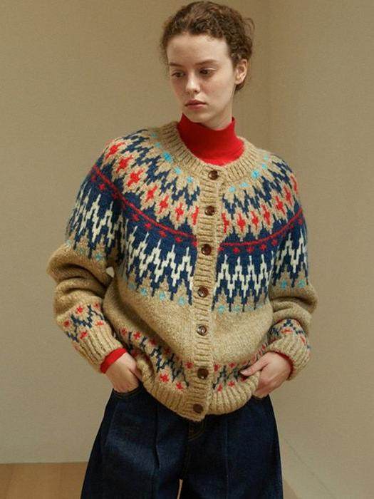 LINHOUSE French Retro Fair Isle Cardigan - Thick Wool Blend Sweater (Women)