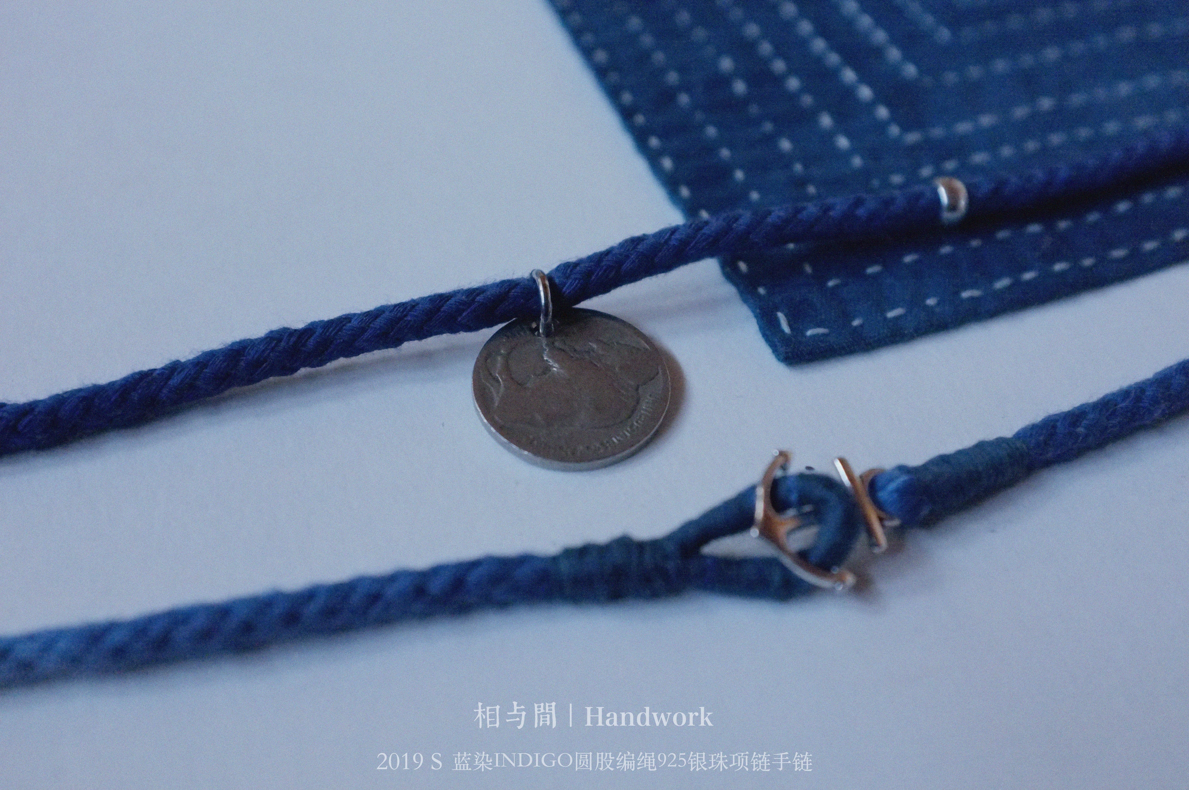 Original Indigo Dyed Indian Coin Woven Silver Bead Necklace Anchor Indigo Hand Rope