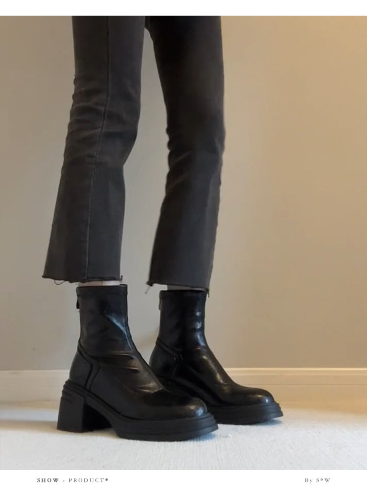 Women's Retro Genuine Leather Martin Boots - Brown Cowhide Thick-Soled Back-Zip Chunky Heel Boots