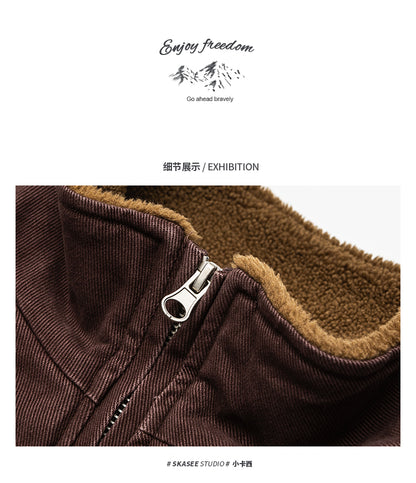 Men's Japanese Retro Lamb Wool Jacket - Thickened Stand Collar Couple Cotton Coat