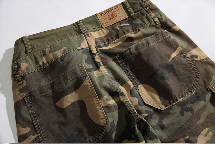 Men's American Street Retro Cargo Pants - Camouflage Heavy Washed Ripped Straight-Leg Pants