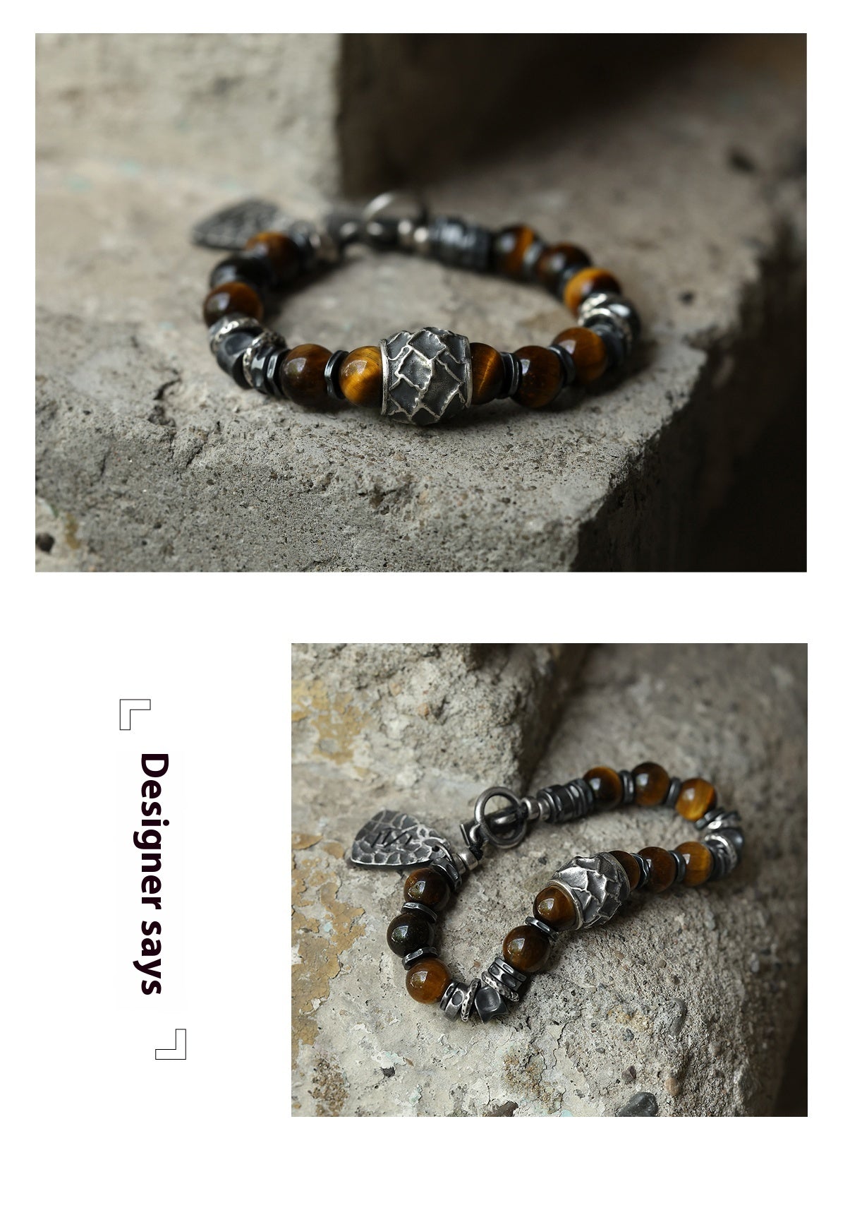 Yinshu Original Handmade &lt;Hammered&gt; Bracelet for Men Niche 999 Pure Silver Tiger Eye Stone Men's Vintage Bracelet