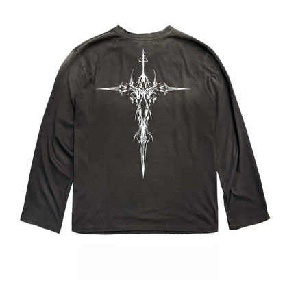 Melanin “Little Dirty” Batik Spray-Horse Tee – Gothic Art, Vintage Red Distressed Long Sleeve