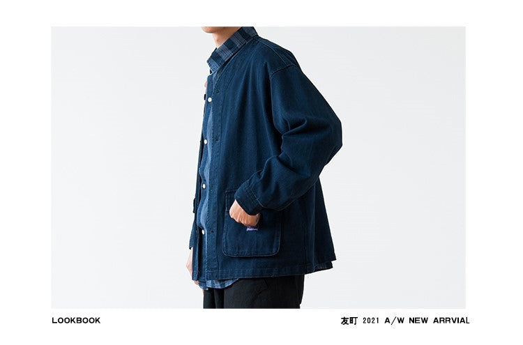 Vintage Washed Denim Collarless Shirt – Japanese Style Long Sleeve (Unisex)