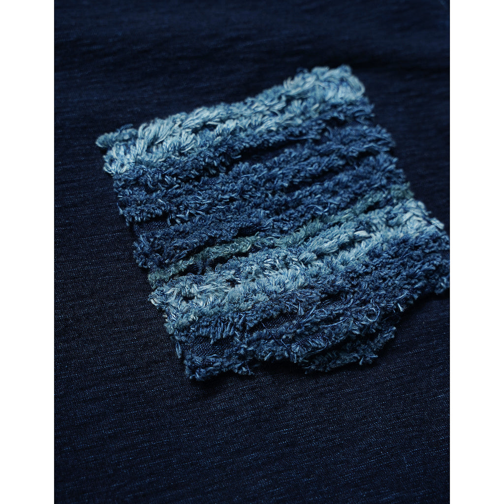 Original retro heavy-weight high-density bamboo-pattern boro ragged Kendo thorn blue-dyed Henry collar short-sleeved T-shirt