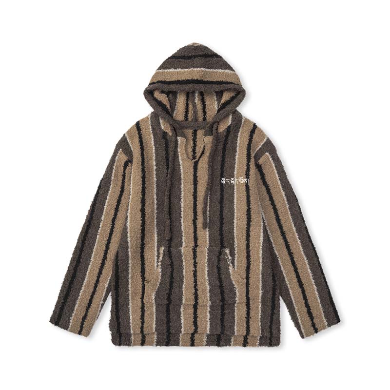 MEDRIA Retro Striped Wool Blend Tibetan Hoodie Autumn Winter Lazy Style Knitted Sweater Unisex Hooded Jacket