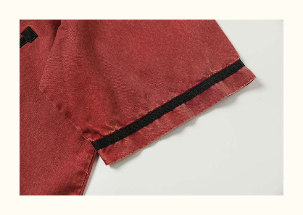 Heavy Washed Patch Embroidery Street Cotton Loose Shirt Men Skateboarding Street Dance Rust Red Short Sleeve