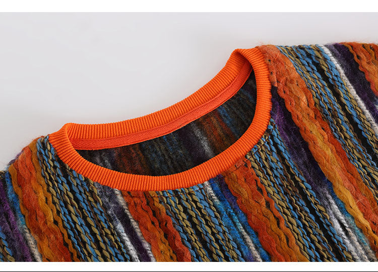 Colorful Striped Lazy Pullover Sweater – Thickened Crew-Neck Loose Fit (Women)
