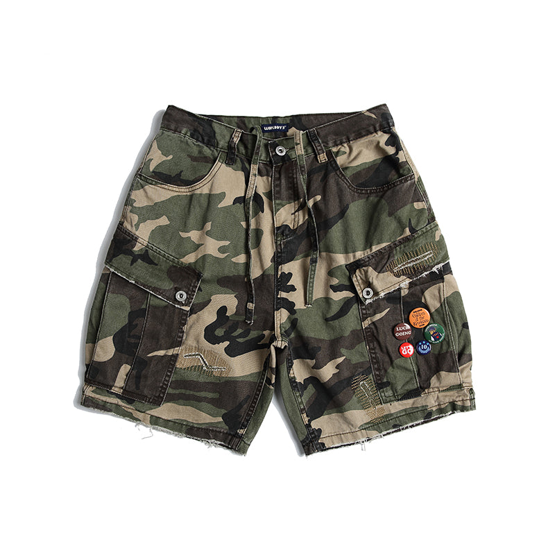 Men's American Street Retro Cargo Pants - Camouflage Heavy Washed Ripped Straight-Leg Pants