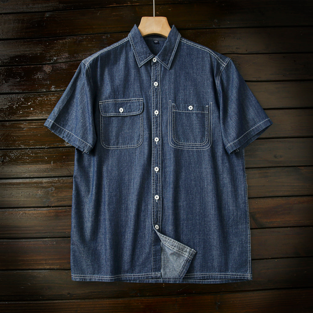 Pure Cotton Enzyme Wash! Export Surplus Men's Summer Turn-down Collar Denim Short Sleeve Shirt Top