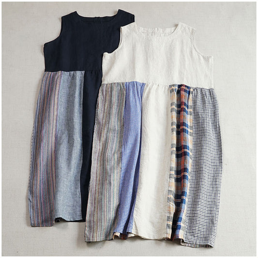 Linen Color-Block Mori Girl Tank Dress – High-Waist, Loose, Round Neck