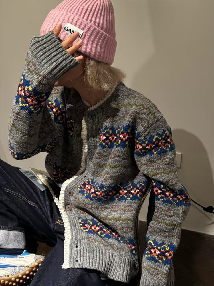 South Korea Nine-Bananas Fair Isle Lace-Trim Sweater Coat – Vintage Wool Blend, Cozy Retro Statement