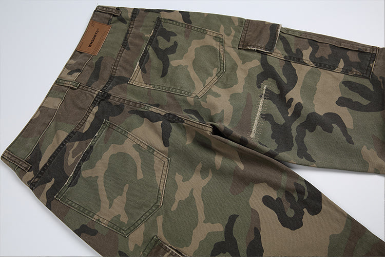 Men's American Street Retro Cargo Pants - Camouflage Heavy Washed Ripped Straight-Leg Pants