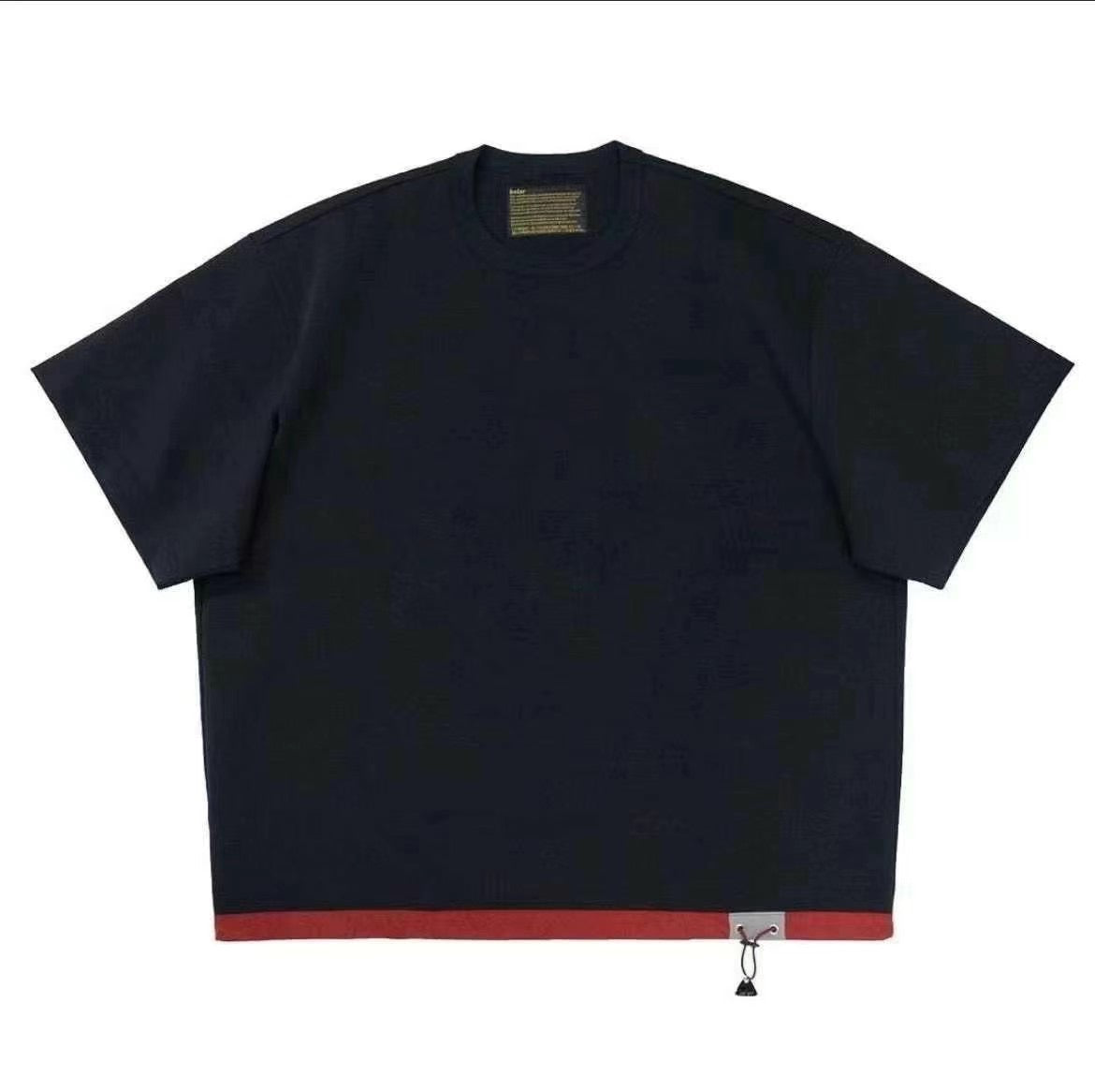 Three-Color Japanese Style Pure Cotton Patchwork Nylon Elastic Round Neck Short Sleeve T-Shirt