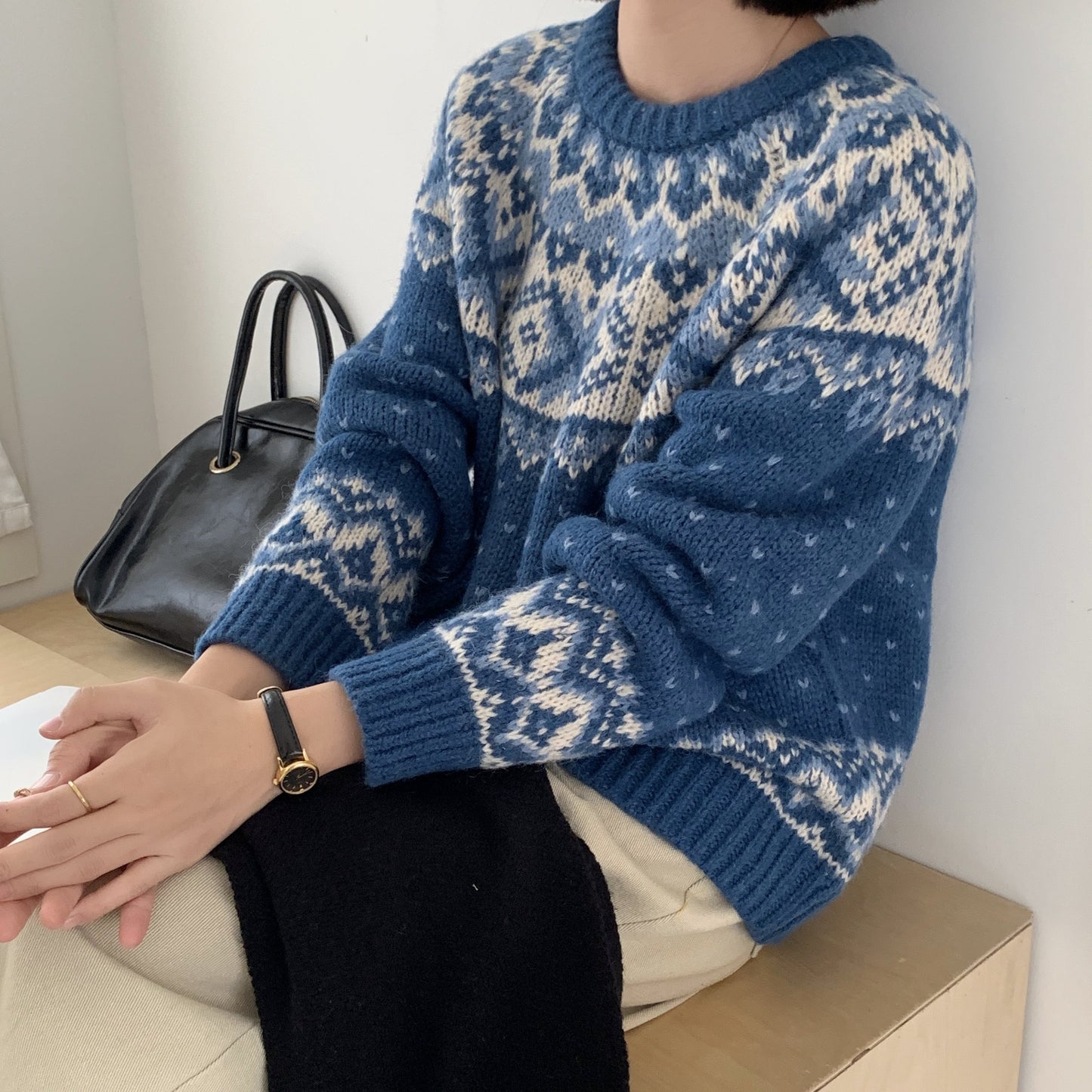 Women's Iceland Blue Fair Isle Jacquard Sweater - Retro Christmas Color Block Loose Warm Pullover