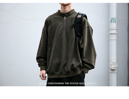 Unisex 465g Washed Vintage Sweatshirt - Boxy Half-Zip Snowflake Knit Pullover