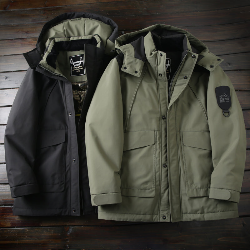 Men's Winter Outdoor 700 Fill Power Down Jacket - Windproof Waterproof Hooded Mid-Length Cold-Resistant Coat