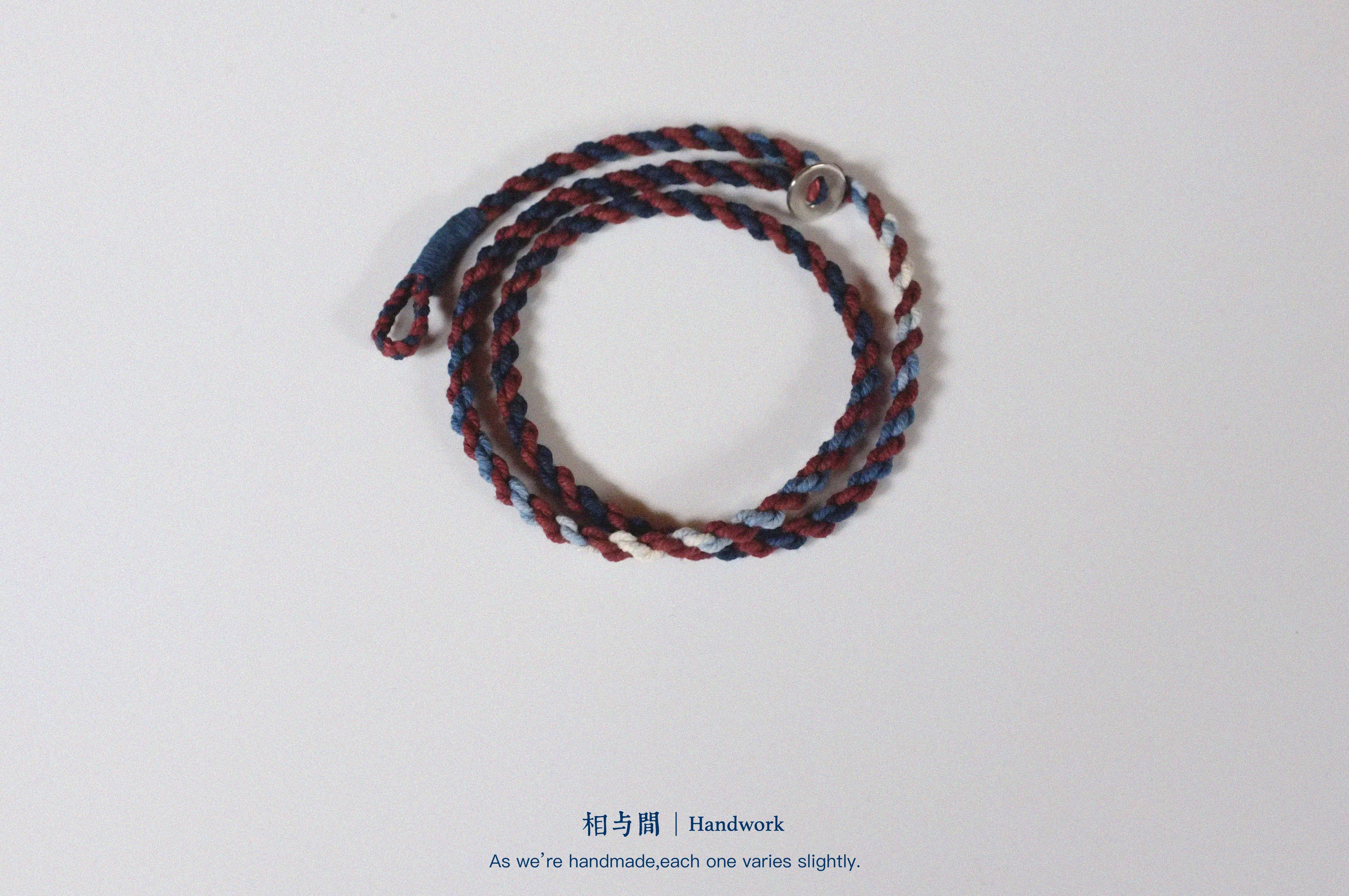 Original Four-Strand Weaving Blue Dyed + Madder Red Hand Rope Cotton Linen Niche Couple Retro Multi-Twist Bracelet