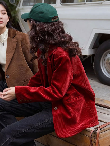 Christmas Red Corduroy Chanel-Style Jacket - Chenille Short Coat (Women)