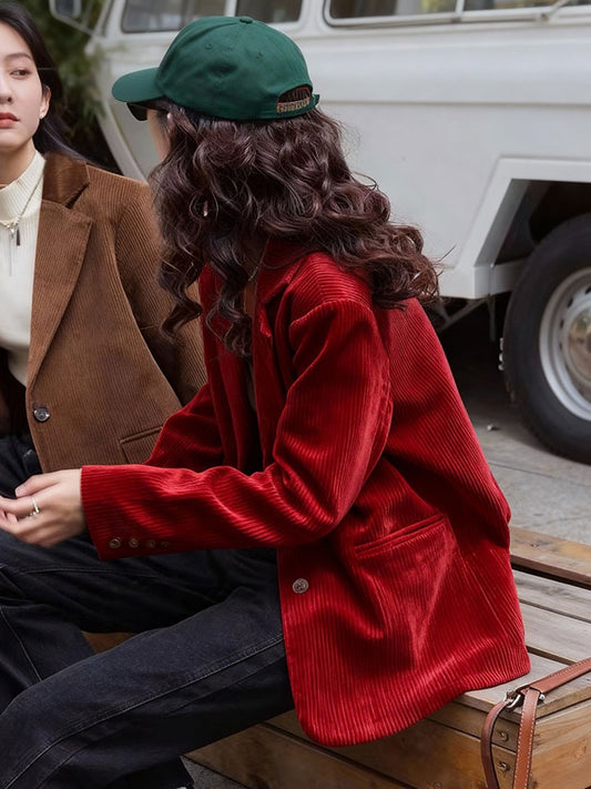 Christmas Red Corduroy Chanel-Style Jacket - Chenille Short Coat (Women)