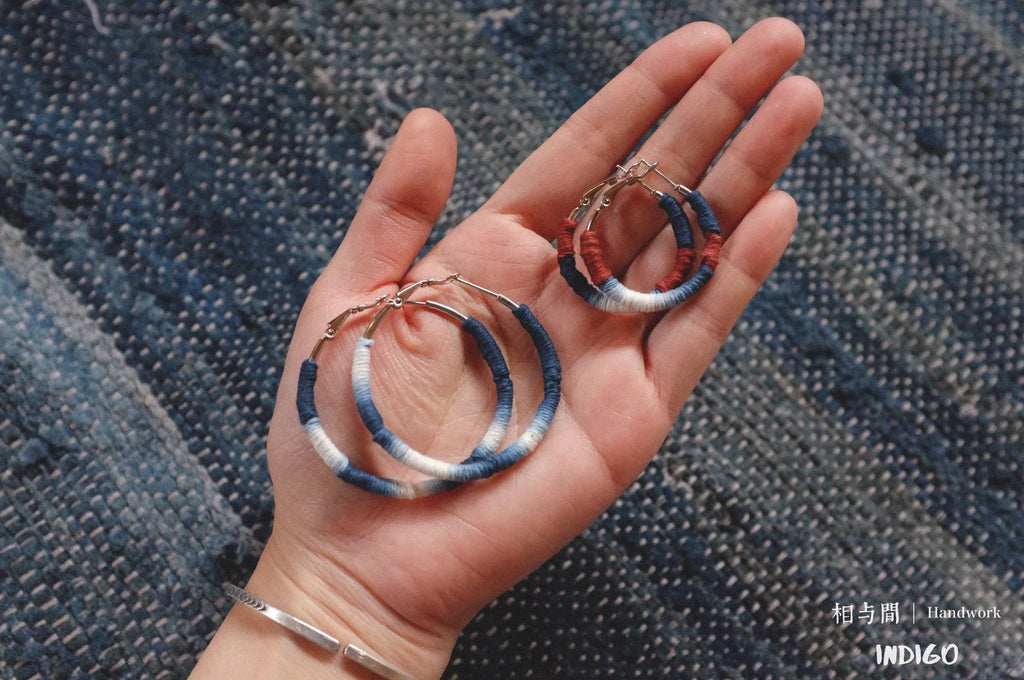 Original Earrings Handmade Blue Dye Plant-Dyed Cotton Thread Niche Geometric Circle High-End Earrings