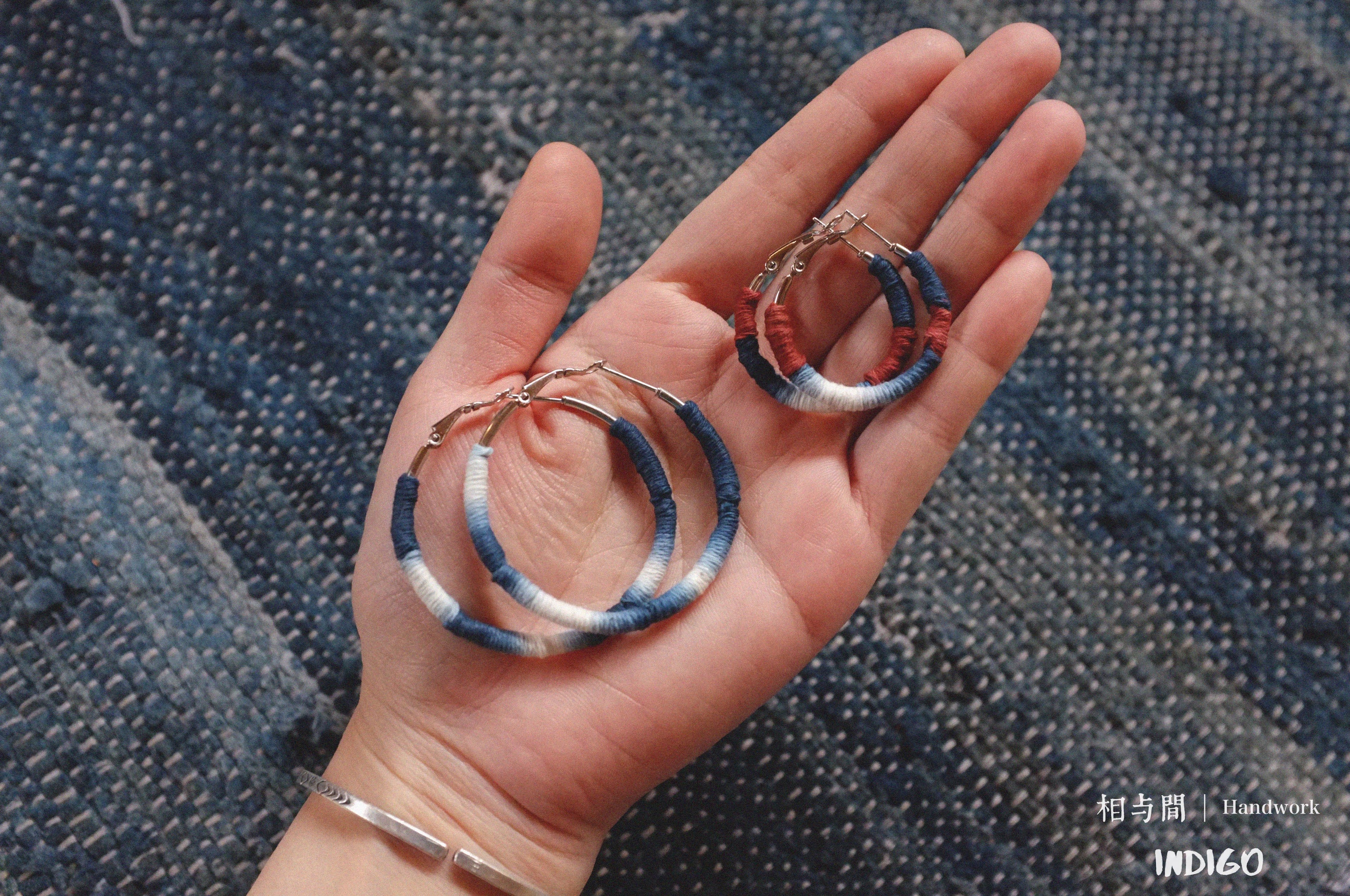 Original Earrings Handmade Blue Dye Plant-Dyed Cotton Thread Niche Geometric Circle High-End Earrings