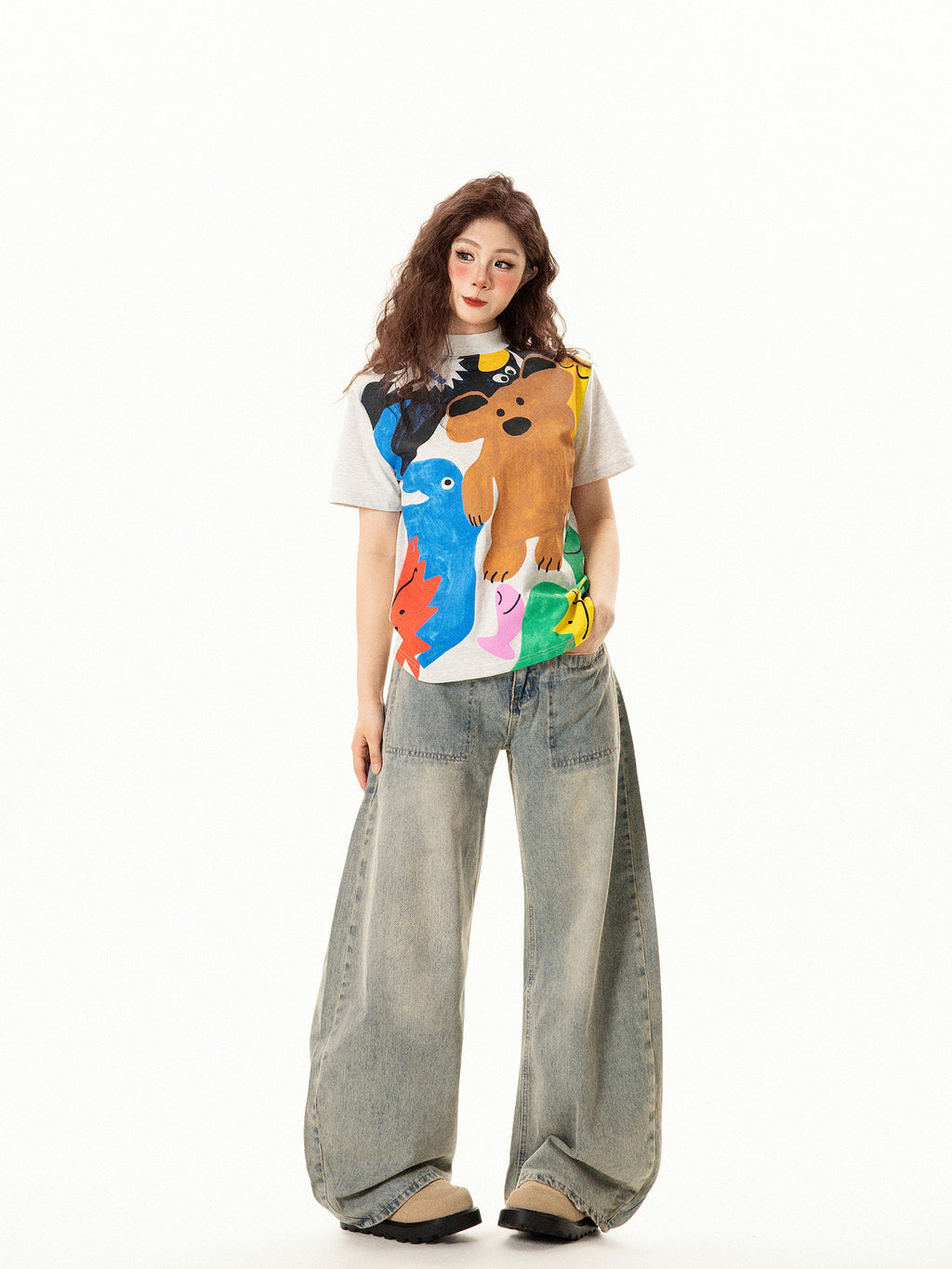 Vintage Fun Cartoon Print Regular Shoulder Short Sleeve T-Shirt for Women Summer Niche Design Slim Fit Top