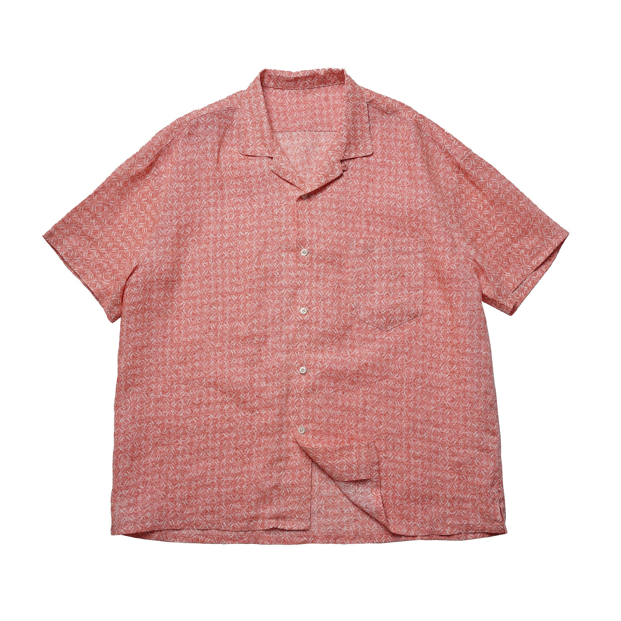 Vintage Peach Pink Abstract Octagonal Pattern Cuban Collar Loose Casual Pure Linen Short Sleeve Shirt