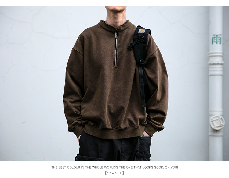 Unisex 465g Washed Vintage Sweatshirt - Boxy Half-Zip Snowflake Knit Pullover