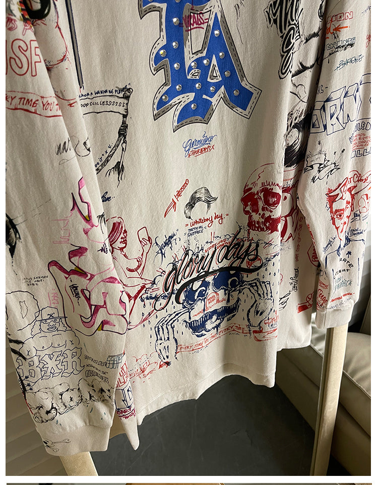 Quan Zhilong “Saint Michael” Rhinestone Graffiti Long-Sleeve Tee – Unisex Streetwear Vintage Base