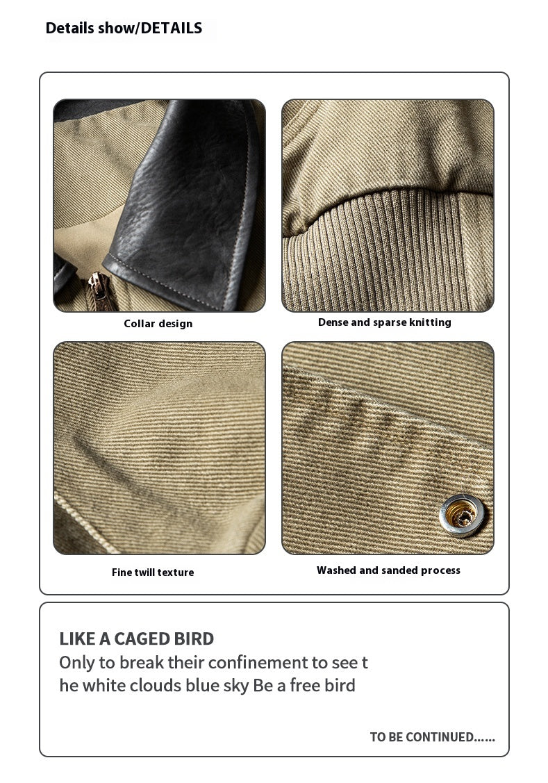 Vintage Washed Leather-Collar Cargo Jacket – Loose Barn Style (Unisex)