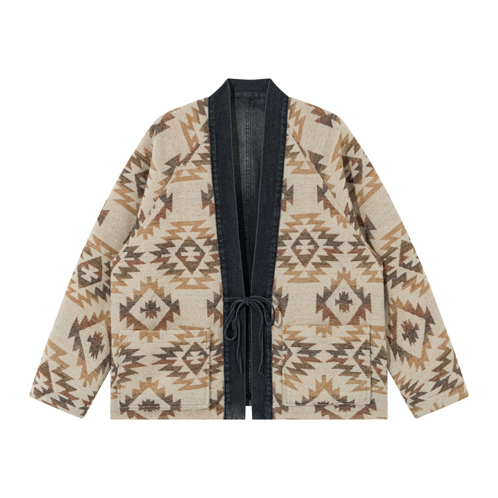 Reversible Ethnic Jacquard “Dao Robe” Denim Cardigan – Oversized Lace-Up Coat for Autumn