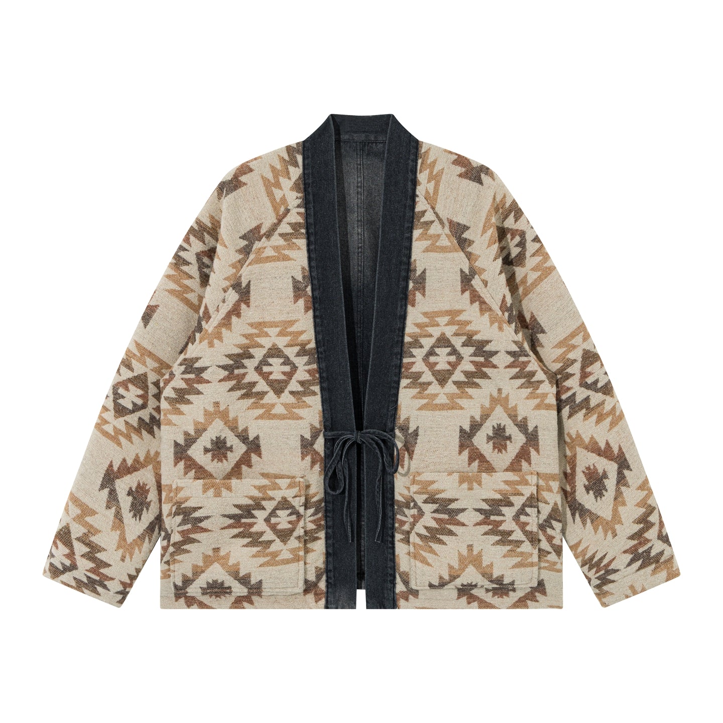Reversible Ethnic Jacquard “Dao Robe” Denim Cardigan – Oversized Lace-Up Coat for Autumn