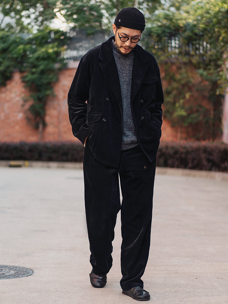 Retro Corduroy Double-Breasted Peak-Lapel Blazer – Loose 70s-Style Vintage Coat