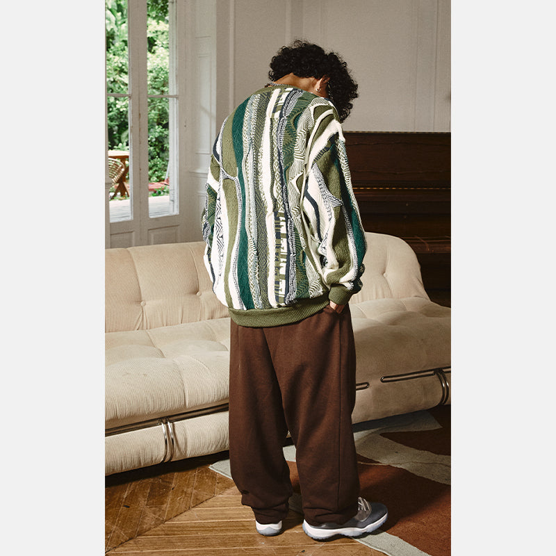 Medria Unisex Retro Bitter Melon Stripe Sweater - Loose Lazy Casual Knitwear