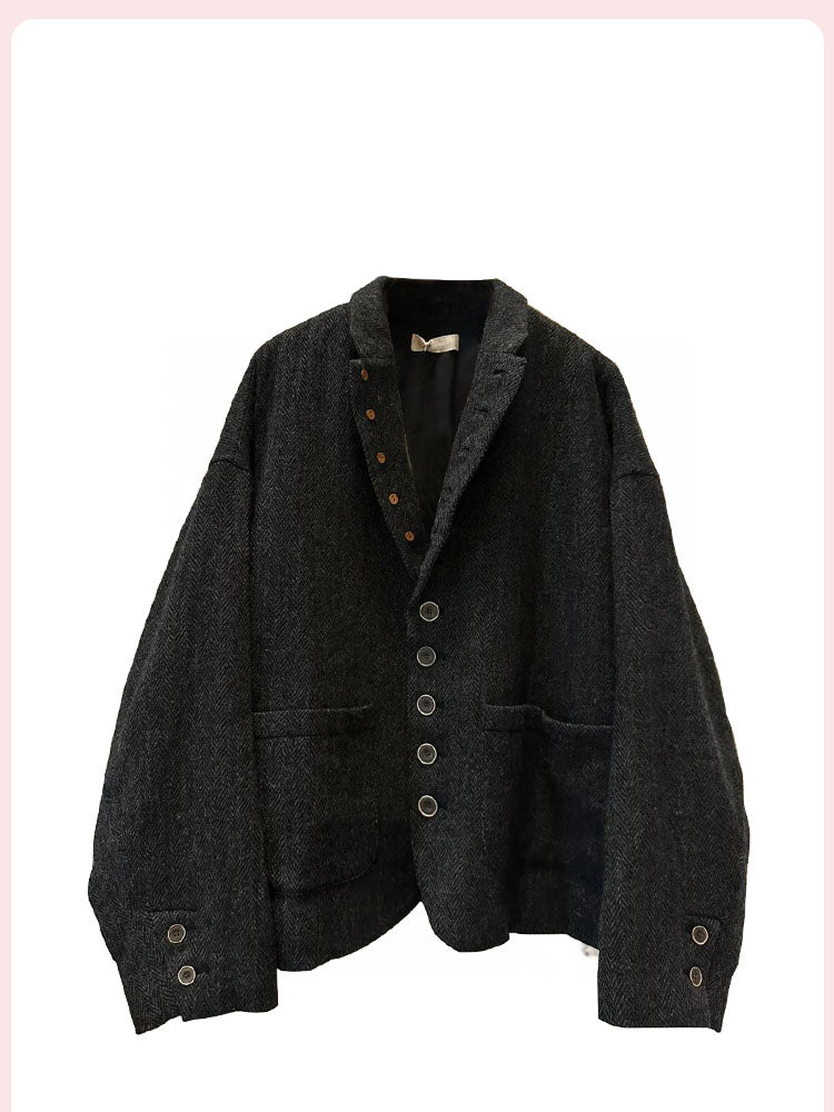 Nuto Japanese-Style Dark Gray Single-Breasted Oversized Blazer – Elegant Loose Coat for Women