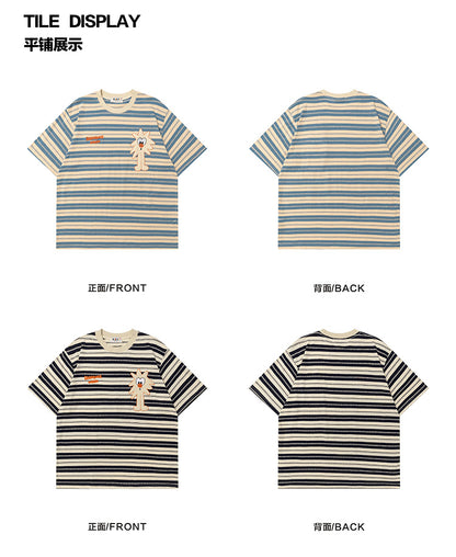 Japanese Style Casual Cartoon Color Block Striped Short Sleeve Men's T-Shirt Summer Oversize Lazy Half Sleeve Tee