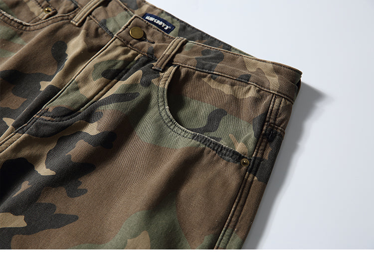 Men's American Street Retro Cargo Pants - Camouflage Heavy Washed Ripped Straight-Leg Pants