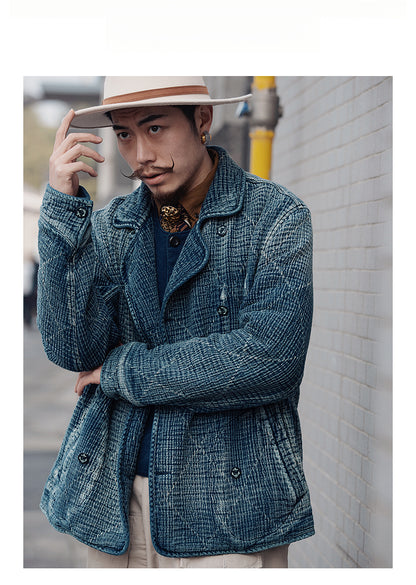 Retro Sashiko Washed Double-Breasted Jacket – Heavy Indigo Denim Workwear (Unisex)