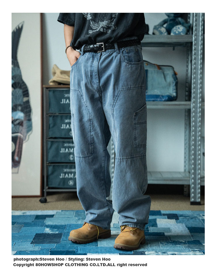 Japanese Retro Washed Beaded Canvas Work Pants – Loose Wide-Leg Unisex