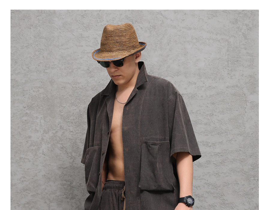 Wild Silk Cuban Collar Half Sleeve Shirt Men's Dye Yam Dyed Tussah Silk Aloha Retro Short Sleeve Shirt Summer